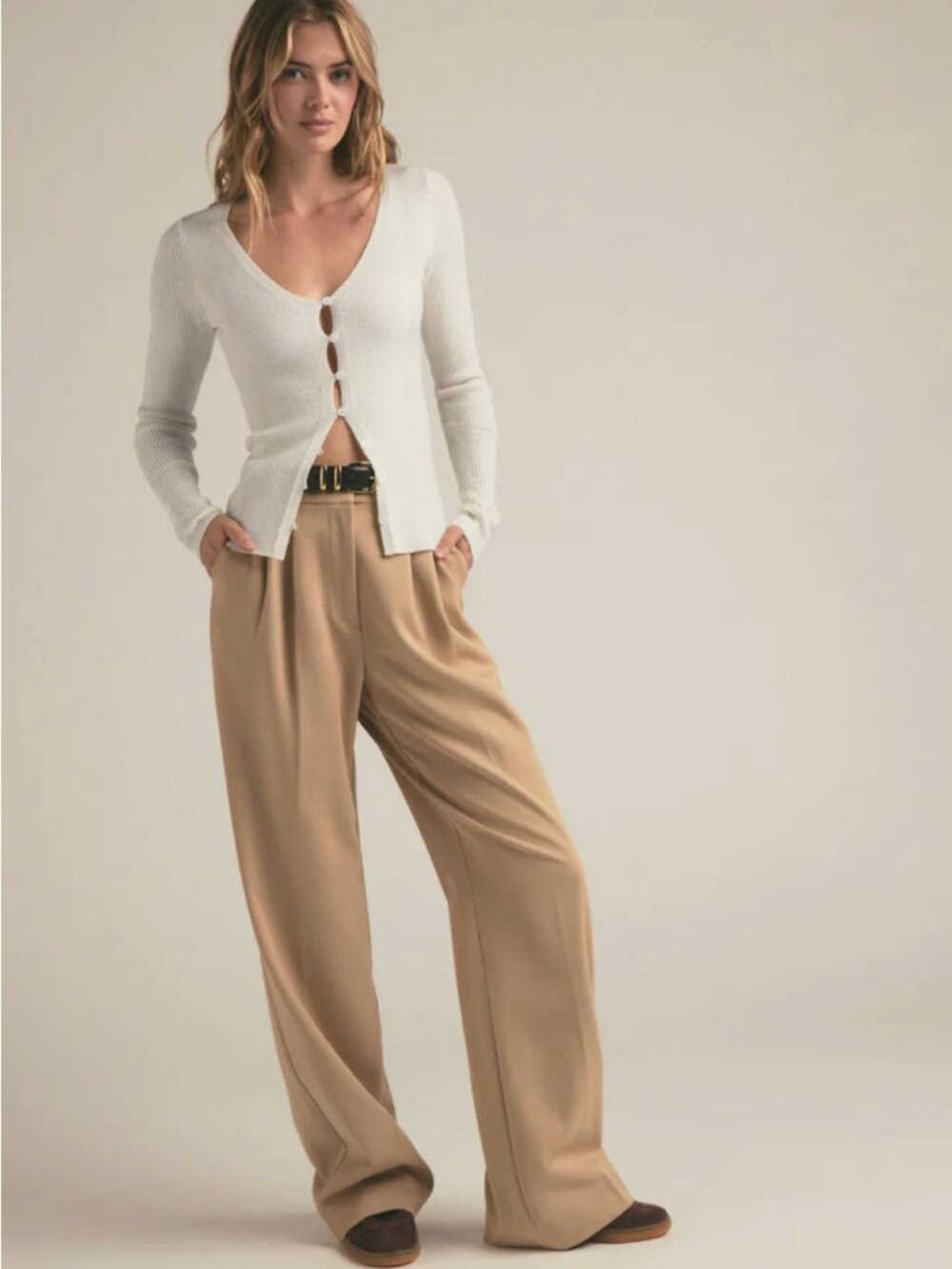 FAVORITE DAUGHTER the Favorite Pant Pleated Wide Leg Trousers in Beige, 6 NWT